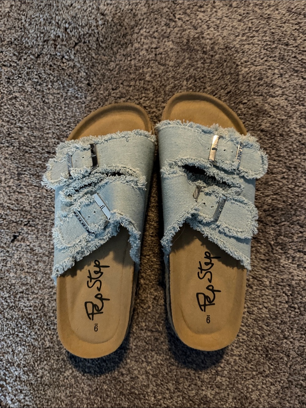 Pop-Style Light Blue Frayed Denim Slide Sandals with Adjustable Buckles never wo